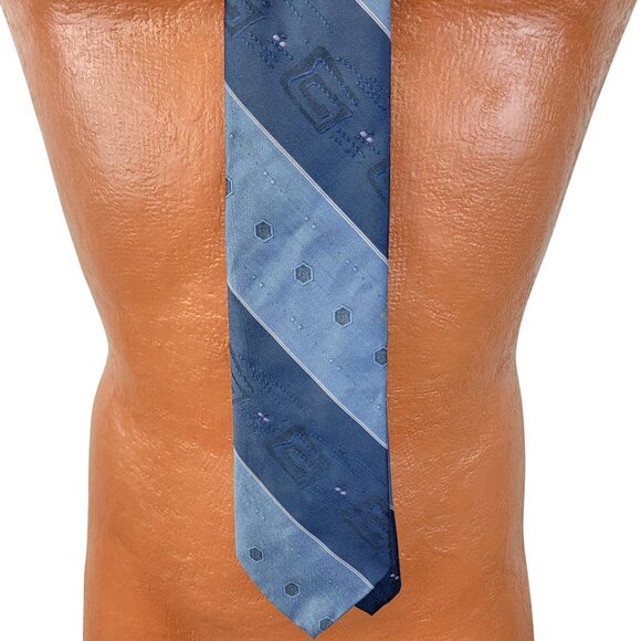 Vintage 70s Blue Silk Neck Tie Men Accessories Geometric Embroidered Formal Work - Picture 4 of 16